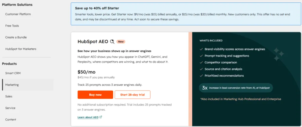 HubSpot pricing page showing AI answer engine optimization features