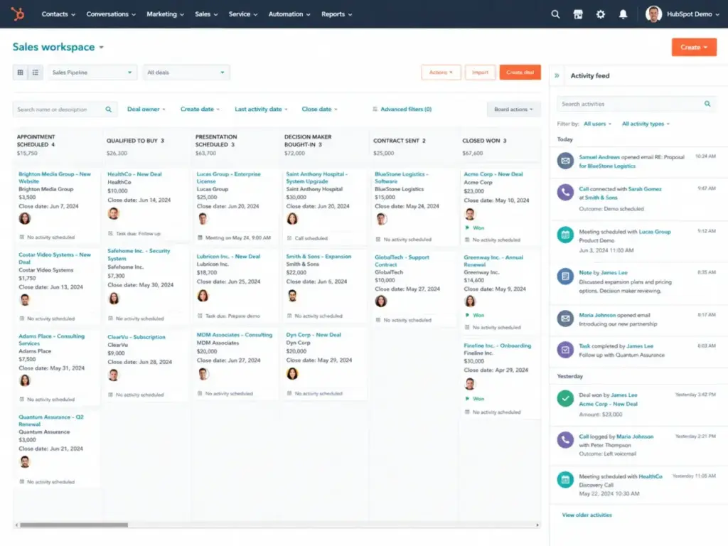HubSpot Sales Hub free CRM dashboard showing deal pipeline stages and activity feed.