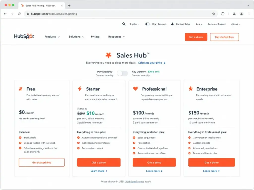HubSpot Sales Hub pricing page showing Free, Starter, Professional, and Enterprise plan cards with monthly per-seat pricing