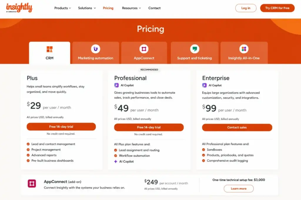 Insightly CRM pricing page showing Plus, Professional, Enterprise plans and AppConnect add-on pricing.
