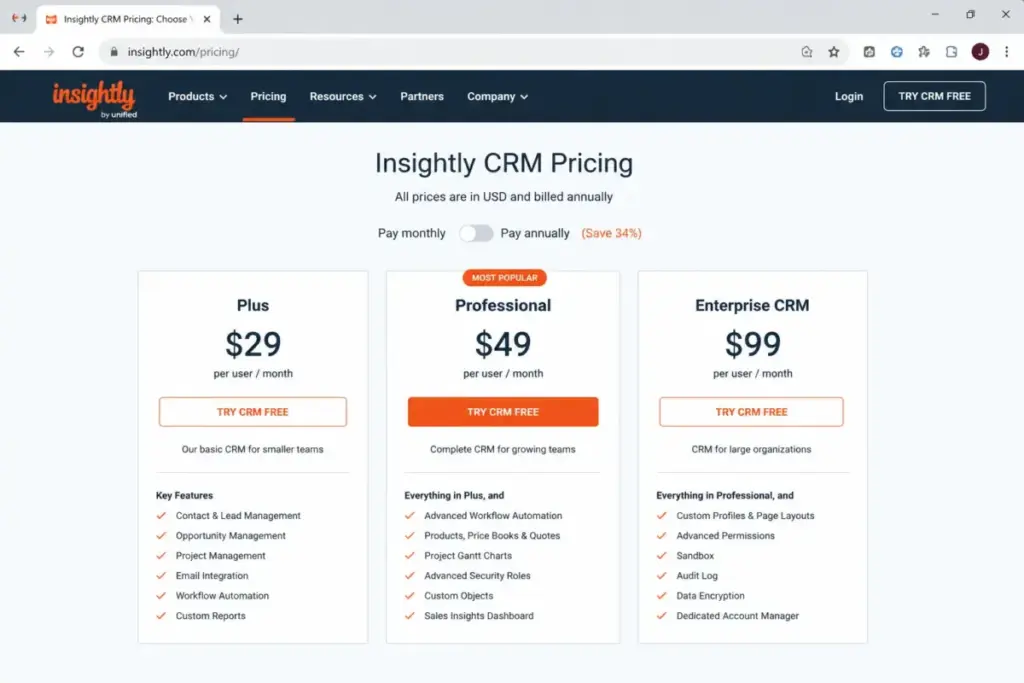 Insightly CRM pricing page showing Plus, Professional, and Enterprise CRM plan cards with annual per-user pricing