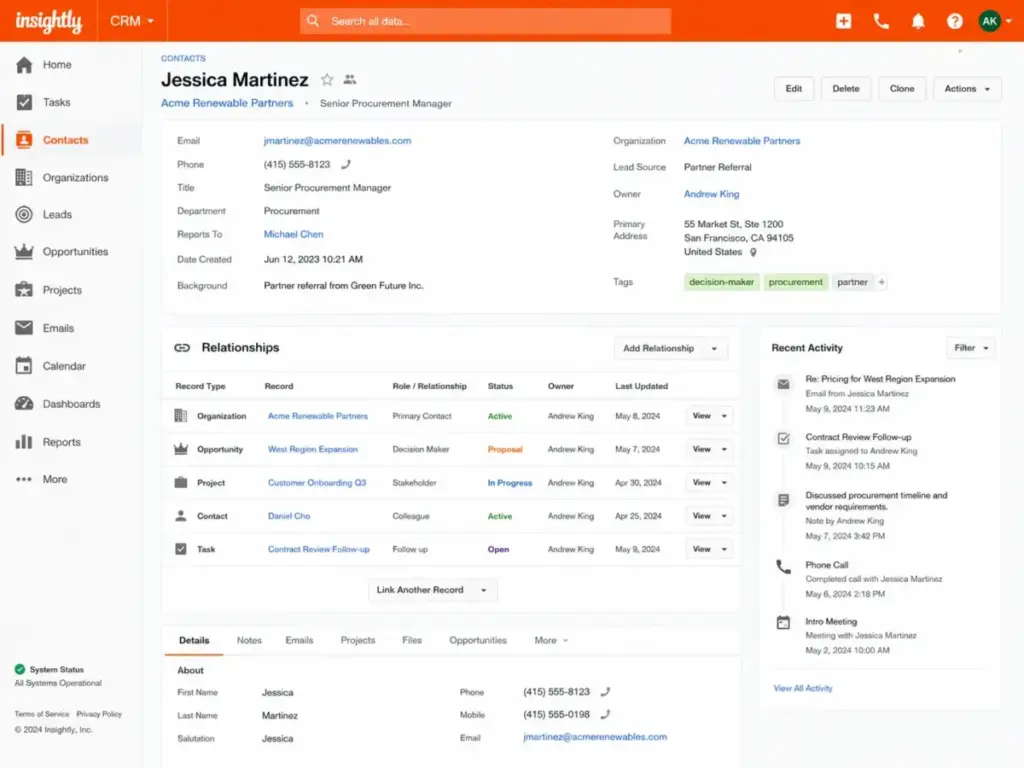 Insightly CRM relationship linking view showing a contact record connected to an organization, opportunity, project, task, and recent activity.