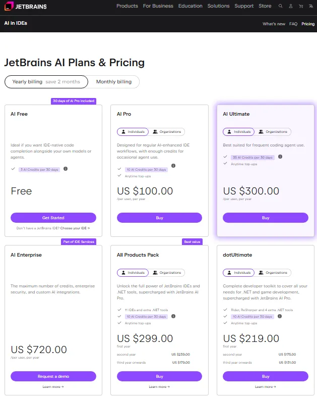 JetBrains AI Plans and Pricing page showing AI Free, AI Pro, AI Ultimate, AI Enterprise, All Products Pack, and dotUltimate plans