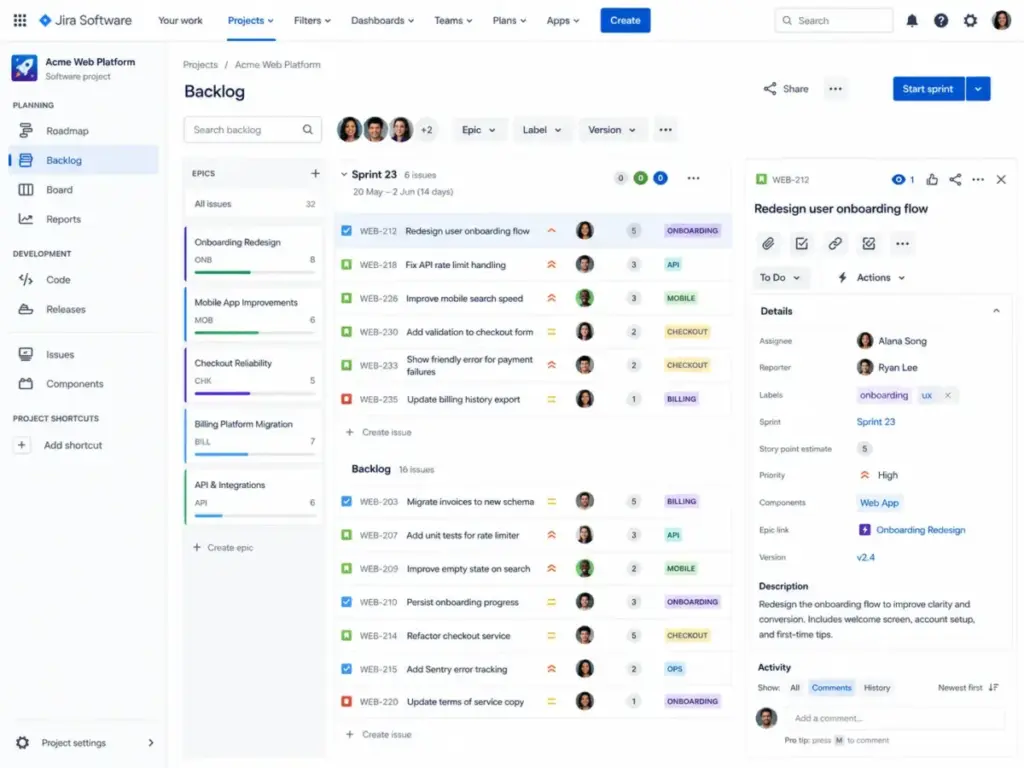 Jira agile sprint backlog showing sprint issues, epics, assignees, story points, labels, priority, and issue details.