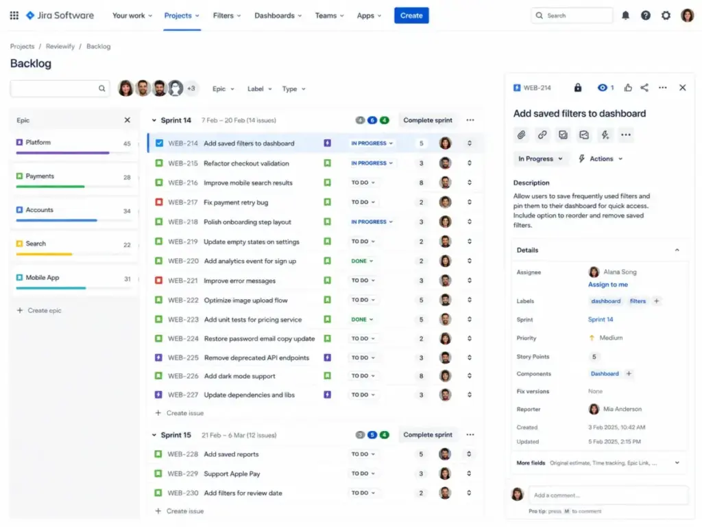 Jira Agile Sprint Backlog screen showing sprint issues, epics, issue keys, story points, status labels, assignees, and a selected issue detail panel.