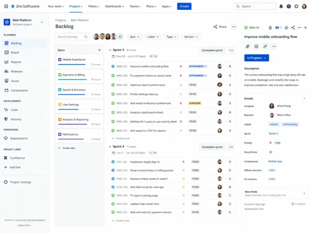 Jira Agile sprint backlog showing epics, sprint issues, story points, issue status, assignees, and a selected work item detail panel.