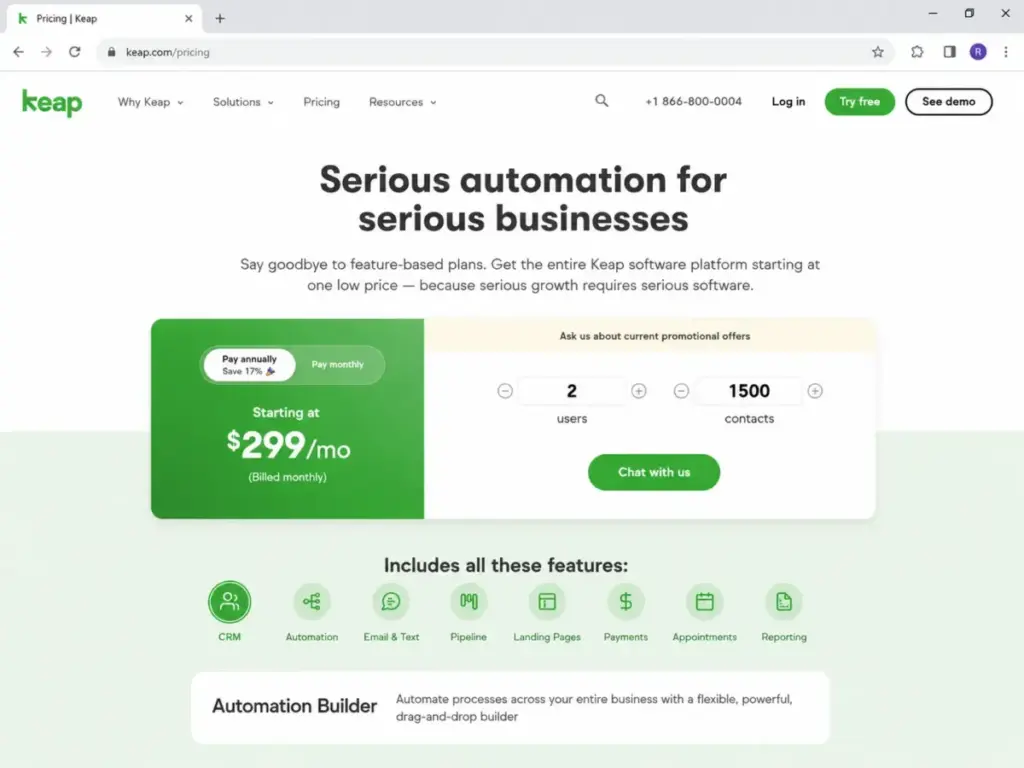 Keap pricing page showing the $299/month starting price for CRM and automation software.
