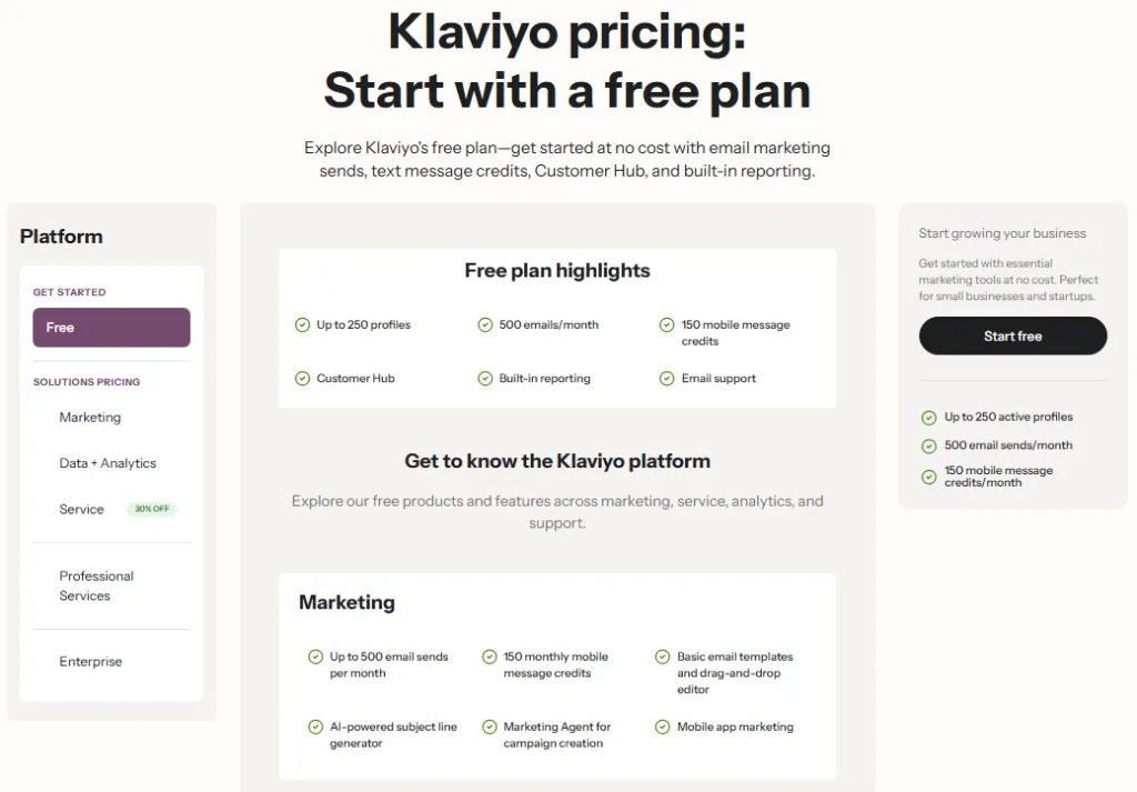 Klaviyo free plan pricing page with email marketing and SMS credits