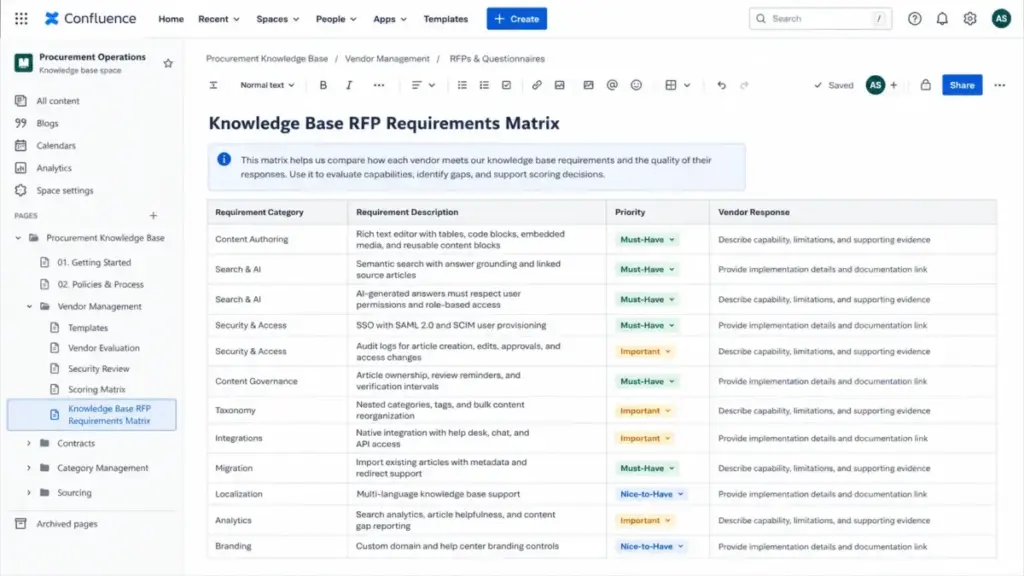 Knowledge base RFP requirements matrix showing requirement category, description, priority, and vendor response columns.