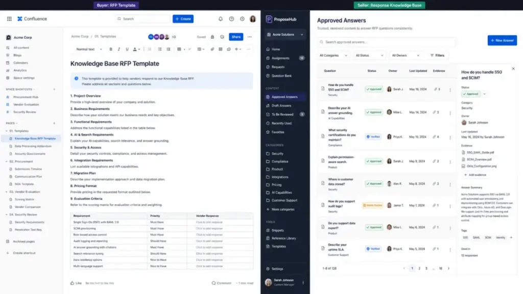 Side-by-side software mockup comparing a buyer knowledge base RFP template with a seller RFP response knowledge base.