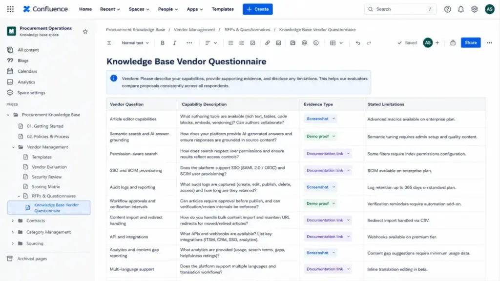Knowledge base vendor questionnaire showing capability description, evidence type, and stated limitations columns.