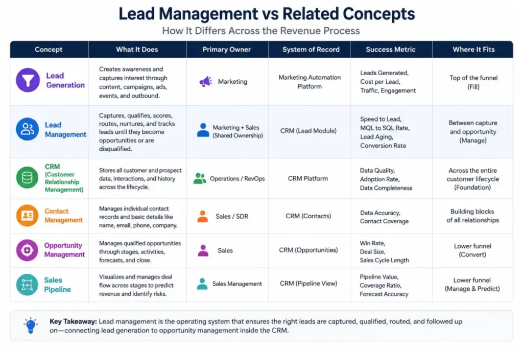 Comparison table showing lead generation, lead management, CRM, contact management, opportunity management, and sales pipeline by owner, system, and success metric.