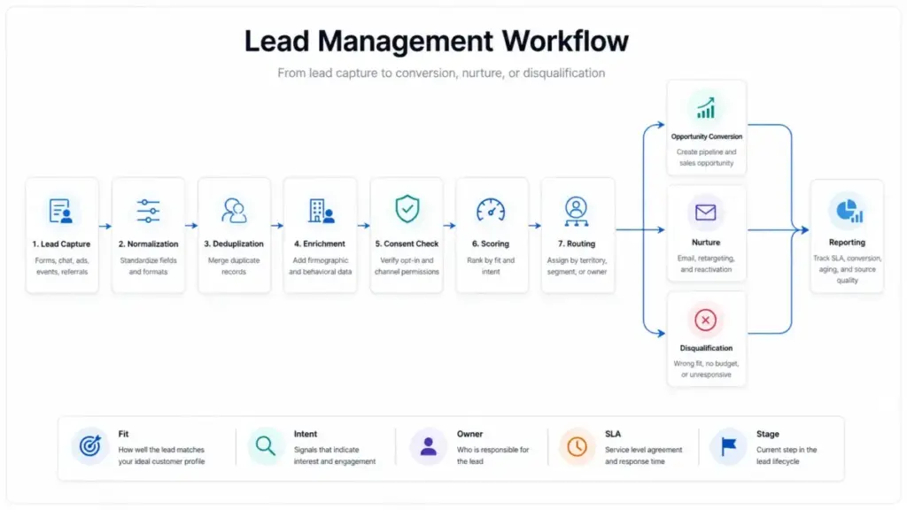Lead management workflow diagram showing lead capture, scoring, routing, SLA follow-up, nurture, conversion, disqualification, and reporting.