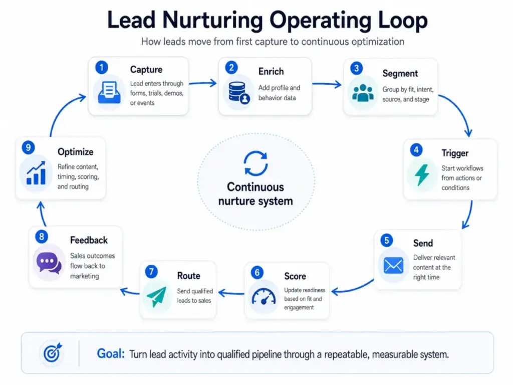 Lead nurturing operating loop diagram showing Capture, Enrich, Segment, Trigger, Send, Score, Route, Feedback, and Optimize stages.
