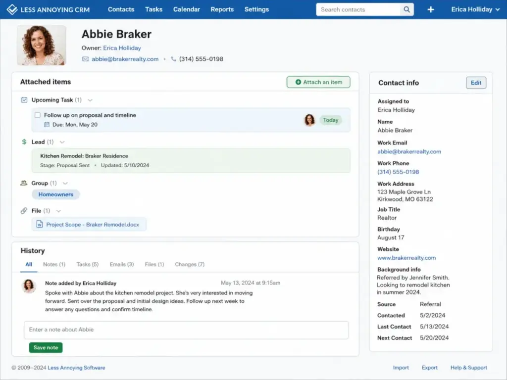 Less Annoying CRM contact card showing tasks, notes, contact details, and lead information