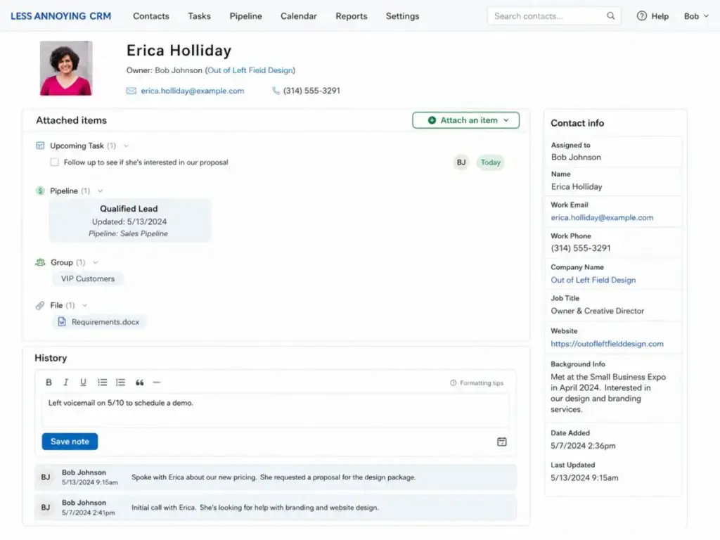Less Annoying CRM contact profile showing contact details, upcoming task, pipeline status, groups, files, notes, and interaction history.