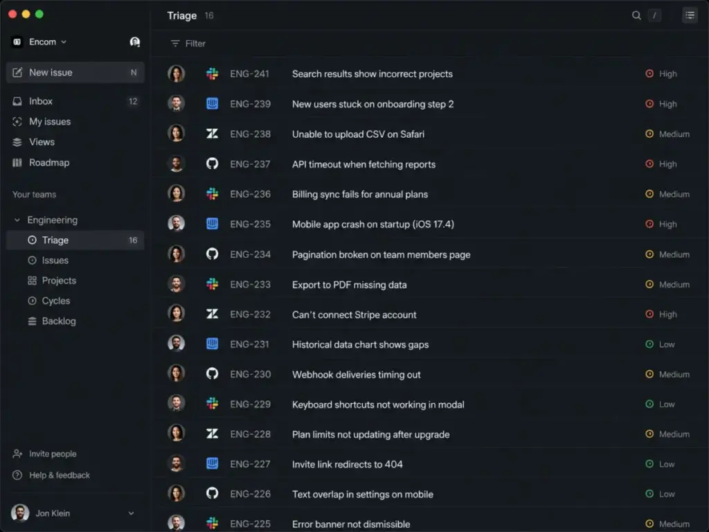 Linear issue triage interface showing a dark-mode engineering team inbox with issue IDs, priorities, assignees, and source integrations.