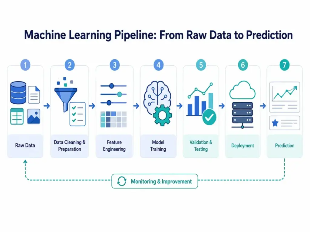 Machine learning pipeline diagram showing raw data, data cleaning, feature engineering, model training, validation, deployment, prediction, and monitoring.