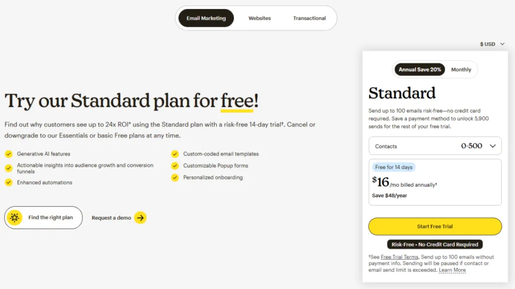 Mailchimp Standard plan pricing with 14-day free trial for email marketing