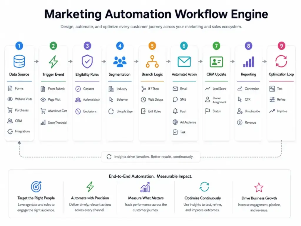 Marketing automation workflow engine diagram showing data sources, trigger events, eligibility rules, segmentation, branch logic, automated actions, CRM updates, reporting, and optimization loop.