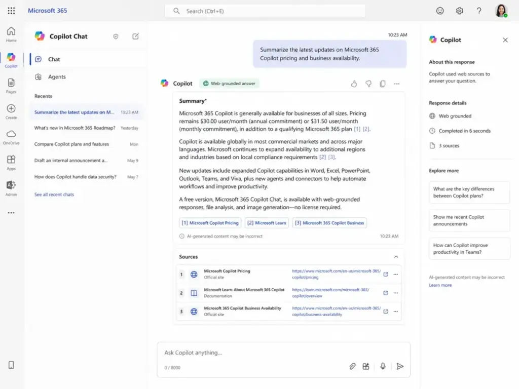 Microsoft 365 Copilot Chat interface showing a web-grounded answer with cited sources and response details