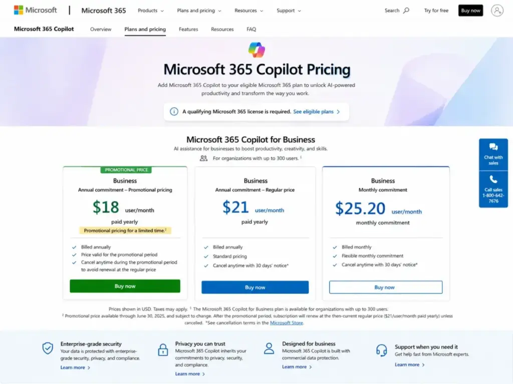 Microsoft 365 Copilot pricing page showing Business promotional annual price of $18, regular annual price of $21, and monthly commitment price of $25.20