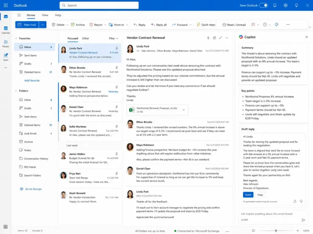Microsoft Copilot in Outlook summarizing a long email thread and drafting a reply in the side panel