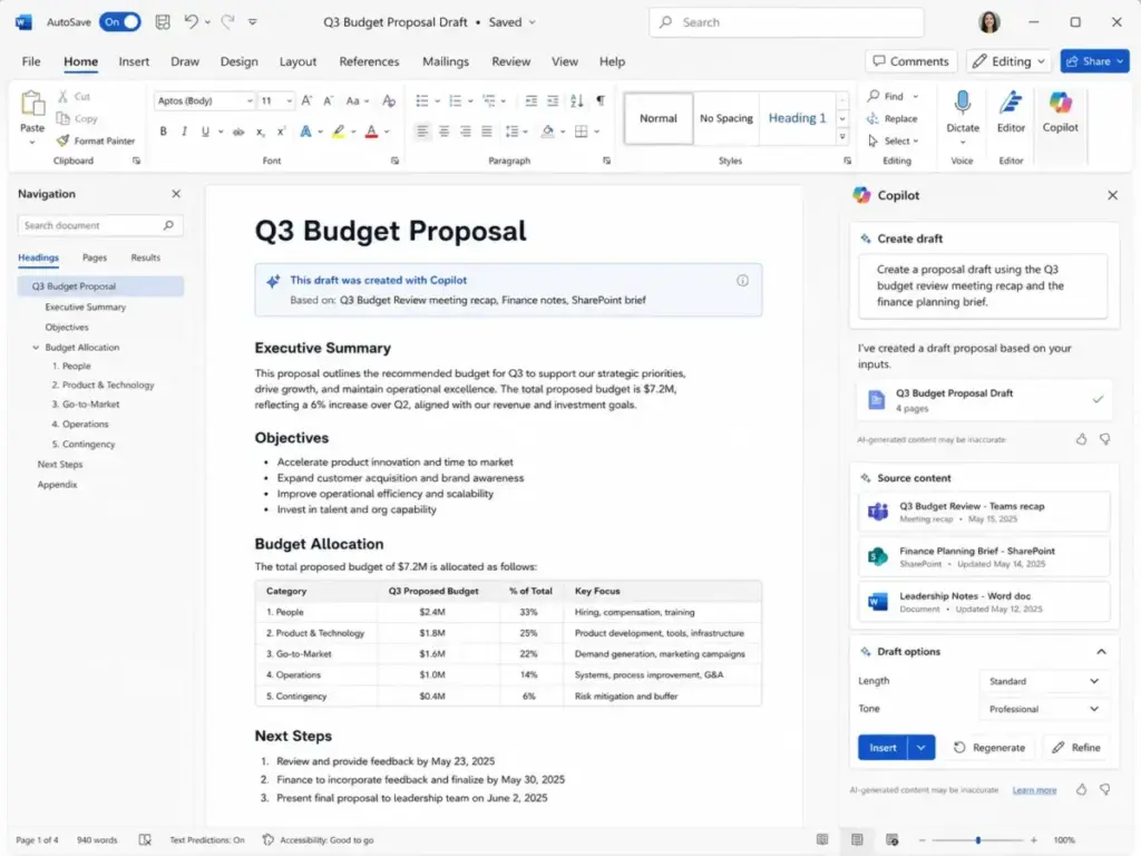Microsoft Copilot in Word generating a draft proposal from meeting recap, finance notes, and SharePoint content