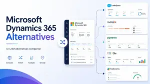 Microsoft Dynamics 365 Alternatives featured image showing Dynamics 365 compared with Salesforce, HubSpot, Pipedrive, Zoho CRM, and Freshworks.