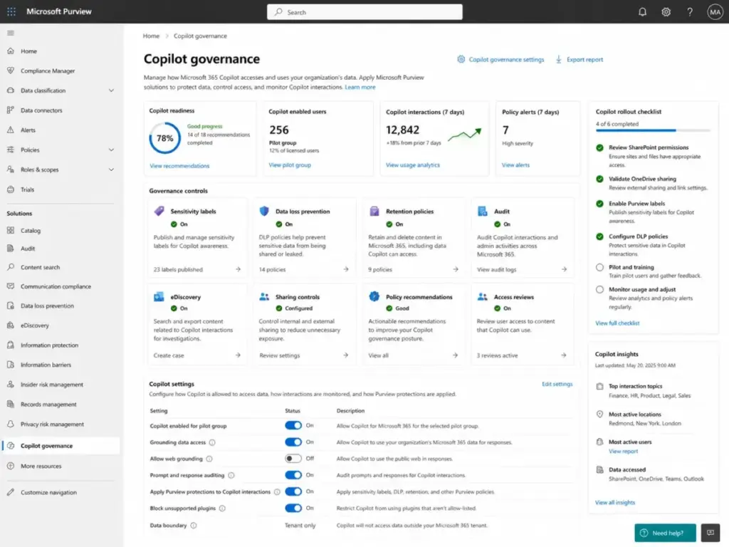 Microsoft Purview Copilot governance dashboard showing admin controls, rollout checklist, policy alerts, and governance settings