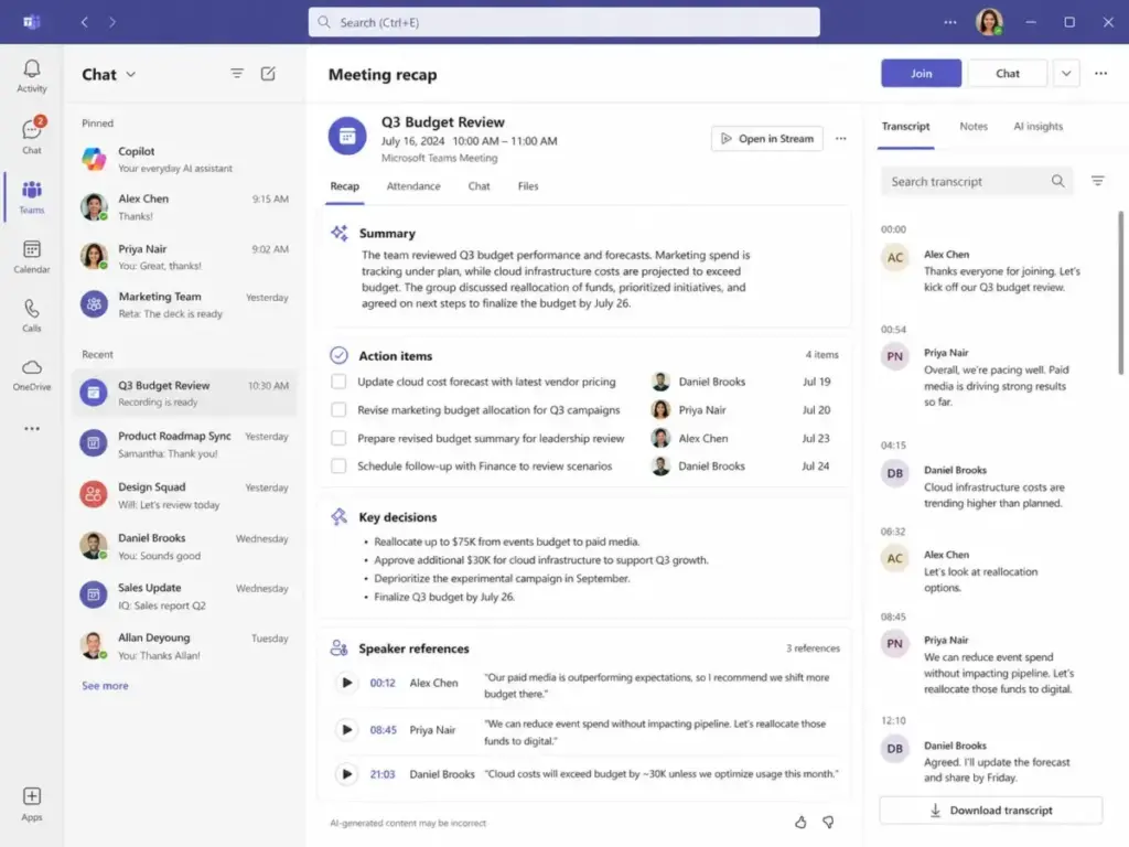 Microsoft Teams meeting recap showing AI-generated summary, action items, key decisions, transcript, and speaker references