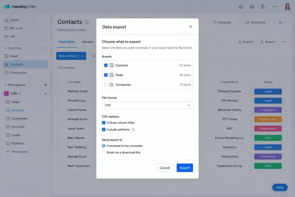 monday CRM data export settings showing CSV download options for Contacts and Deals boards