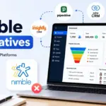 Featured image for Nimble Alternatives showing CRM comparison logos, a laptop CRM dashboard, and visual links to HubSpot, Pipedrive, Zoho CRM, Copper, Salesforce, and Insightly.
