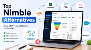 Featured image for Nimble Alternatives showing CRM comparison logos, a laptop CRM dashboard, and visual links to HubSpot, Pipedrive, Zoho CRM, Copper, Salesforce, and Insightly.