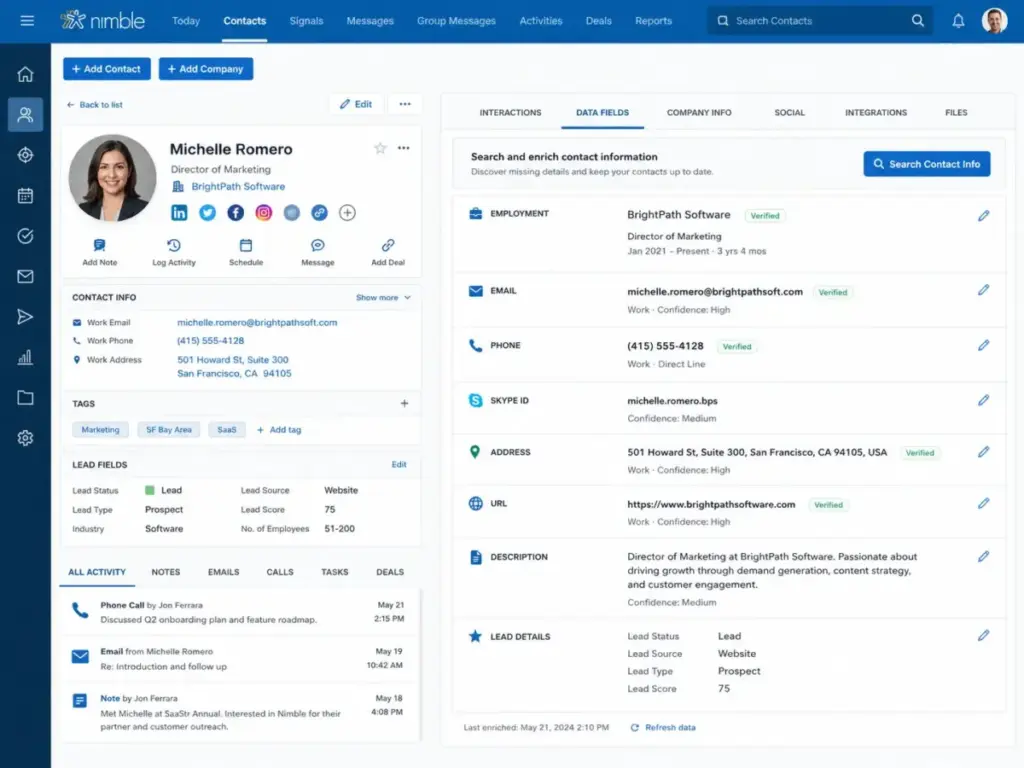 Nimble CRM contact profile enrichment view showing verified contact details, social profiles, lead fields, and activity history