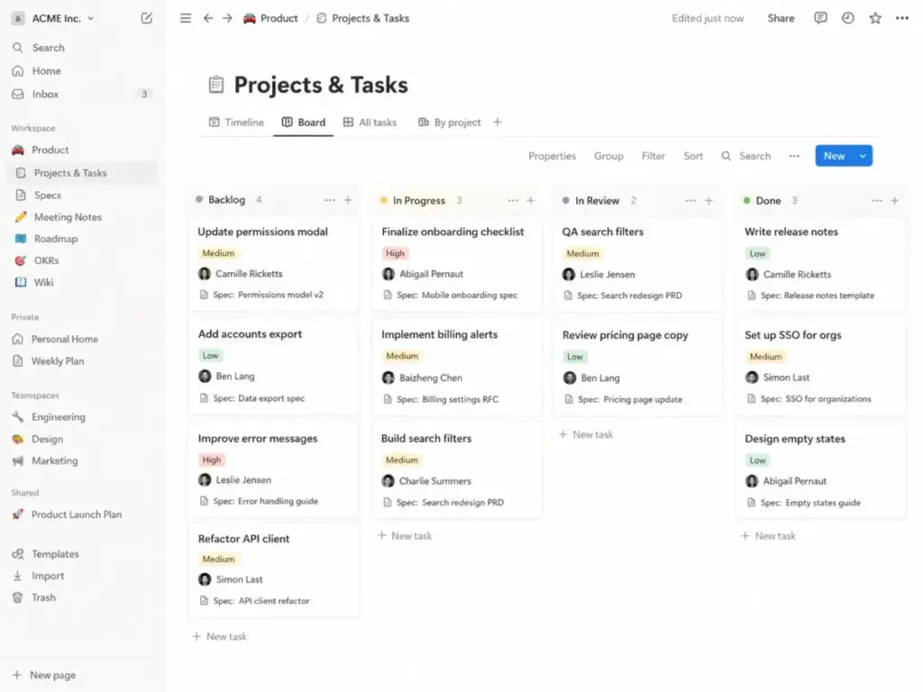 Notion database board showing project tasks grouped by status and linked to specification docs, assignees, priorities, and product workspace pages.