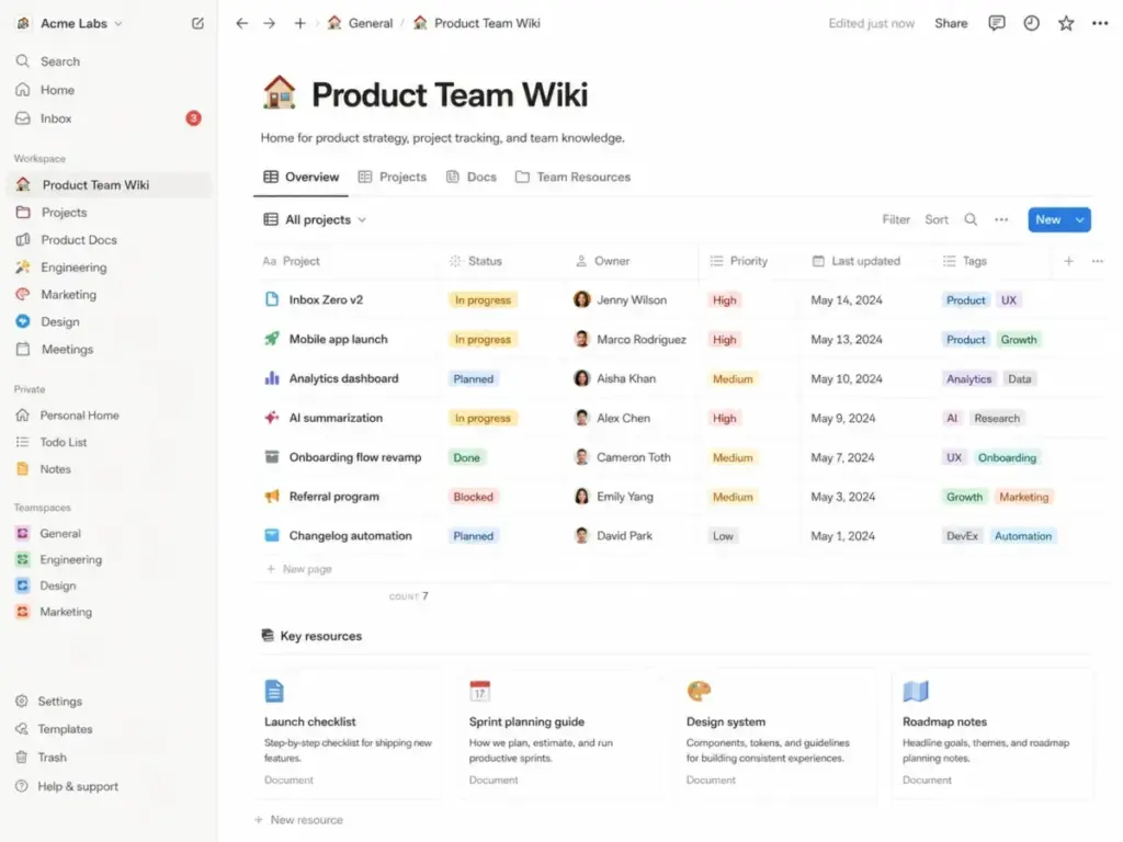 Notion project wiki showing a product team workspace with project database, status fields, owners, priorities, tags, and key resources.