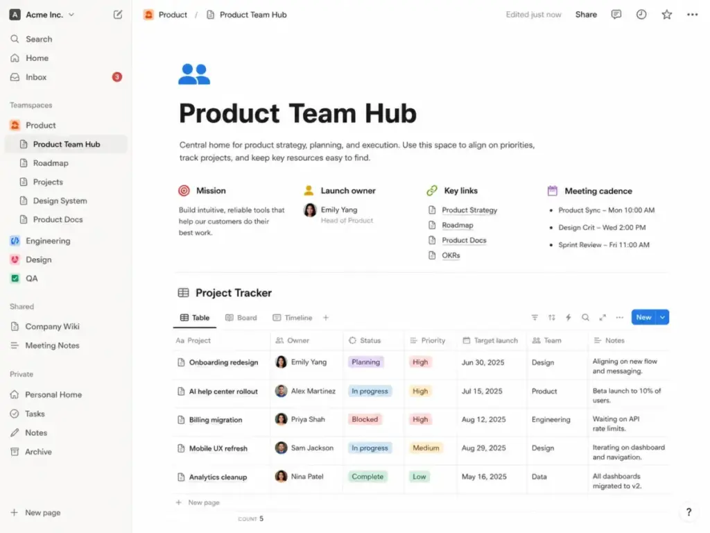 Notion project wiki and database view showing a Product Team Hub with key links, meeting cadence, project tracker, owners, status, priority, and launch dates.