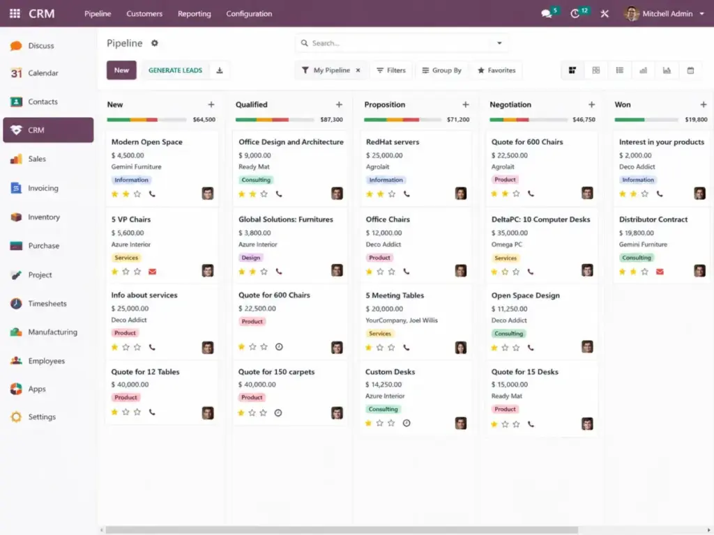 Odoo CRM pipeline showing Kanban deal stages, opportunity cards, deal values, activity icons, and all-app navigation sidebar.