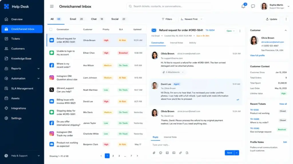 Omnichannel help desk ticket inbox showing email, live chat, Facebook, Instagram, and social support tickets in one dashboard.