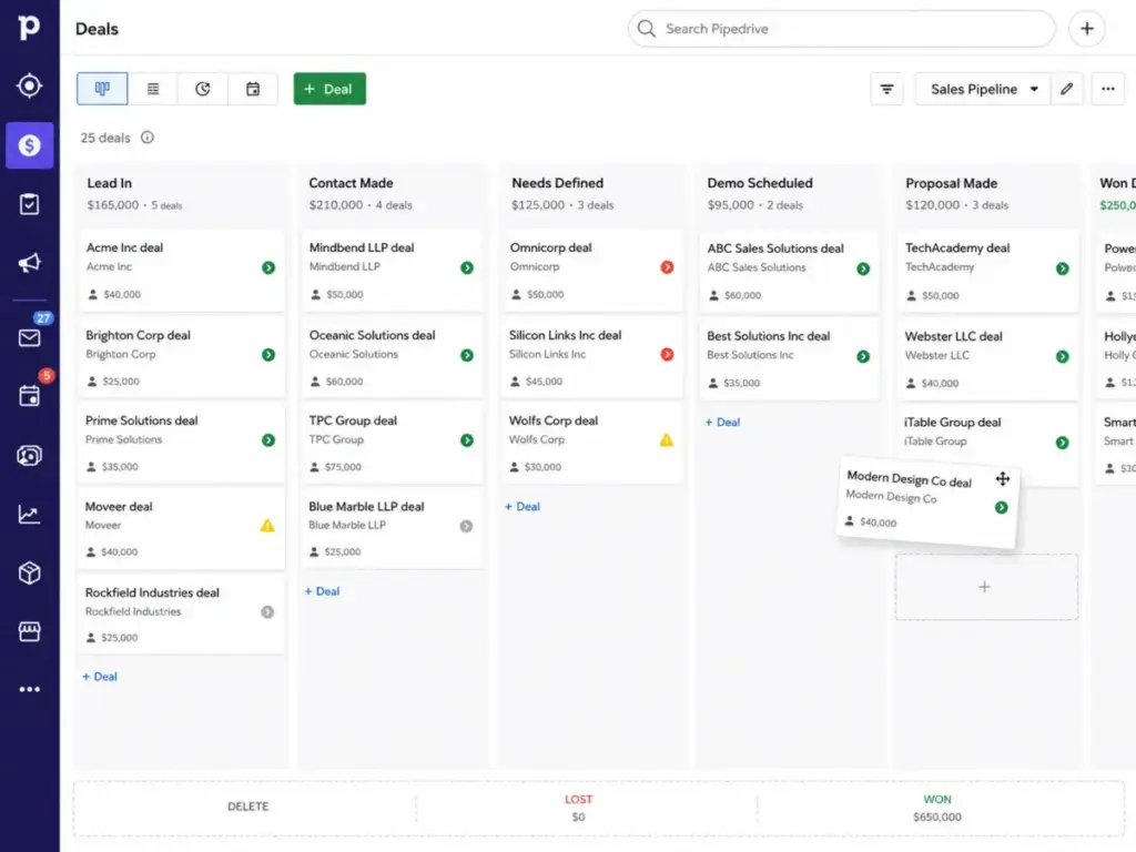 Pipedrive visual sales pipeline showing drag-and-drop deal cards across sales stages