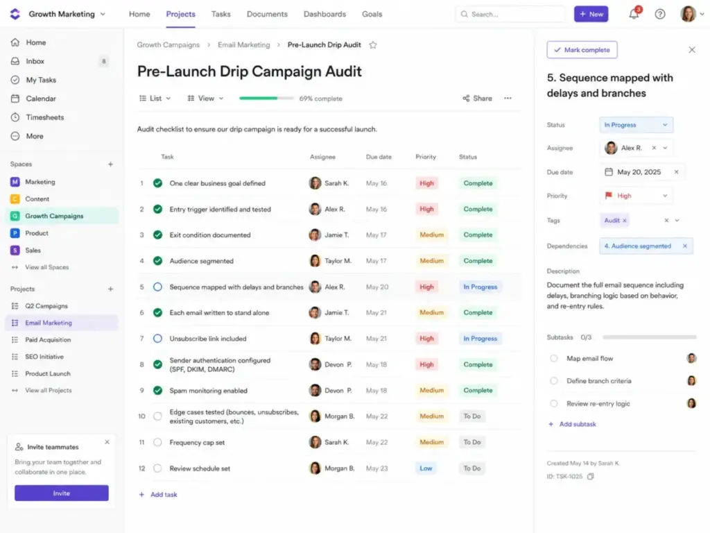 Project management checklist showing pre-launch drip campaign audit tasks, including entry trigger, exit condition, segmentation, authentication, and frequency cap.