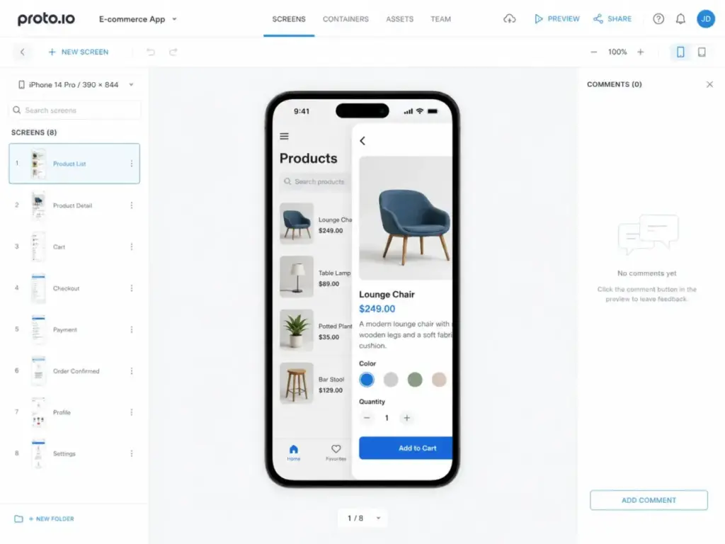 Proto.io mobile prototype preview showing an e-commerce app transition between product list and product detail screens