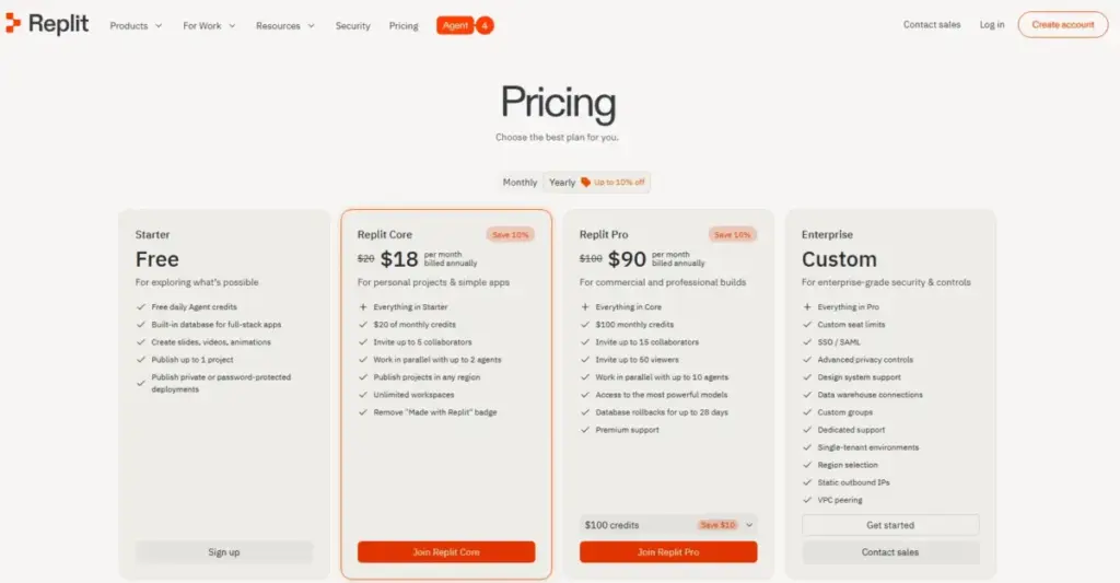 Replit pricing page showing Starter, Replit Core, Replit Pro, and Enterprise plans