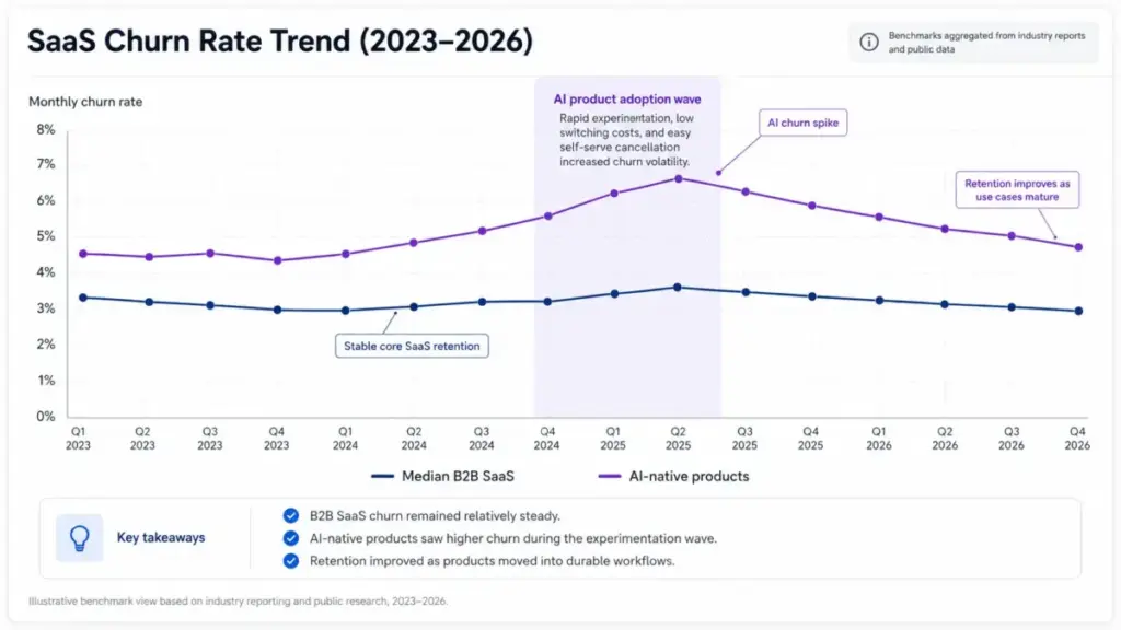 Trend chart showing SaaS churn rates from 2023 to 2026, comparing median B2B SaaS and AI-native products, with annotations highlighting the AI product adoption wave and later retention improvement.