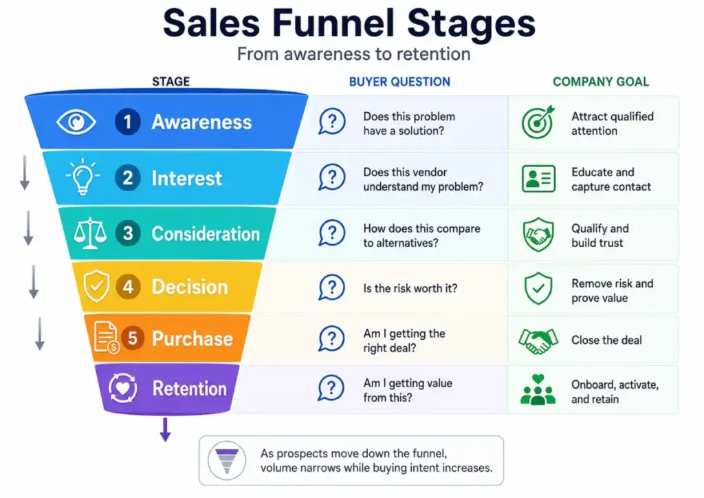Sales funnel stages diagram showing awareness, interest, consideration, decision, purchase, and retention with buyer questions and company goals.