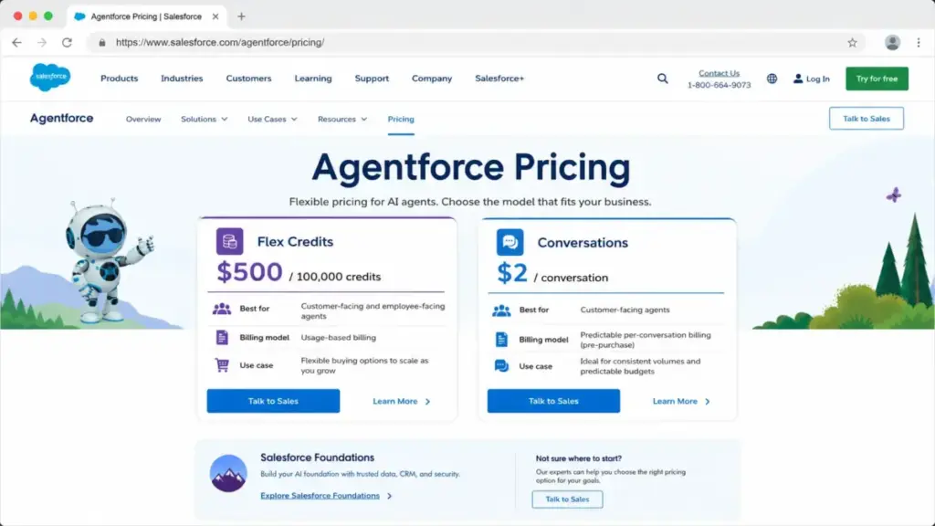 Salesforce Agentforce pricing page mockup showing Flex Credits at $500 per 100,000 credits and Conversations at $2 per conversation.