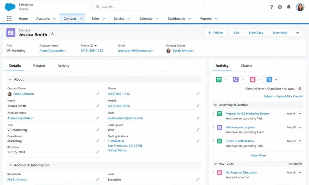 Salesforce Starter Suite contact record showing contact details, account information, owner, tasks, notes, and recent activity timeline.