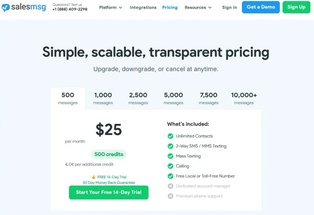 Salesmsg pricing page showing the 500-message plan at $25 per month, 500 credits, two-way SMS and MMS texting, mass texting, calling, and free 14-day trial.