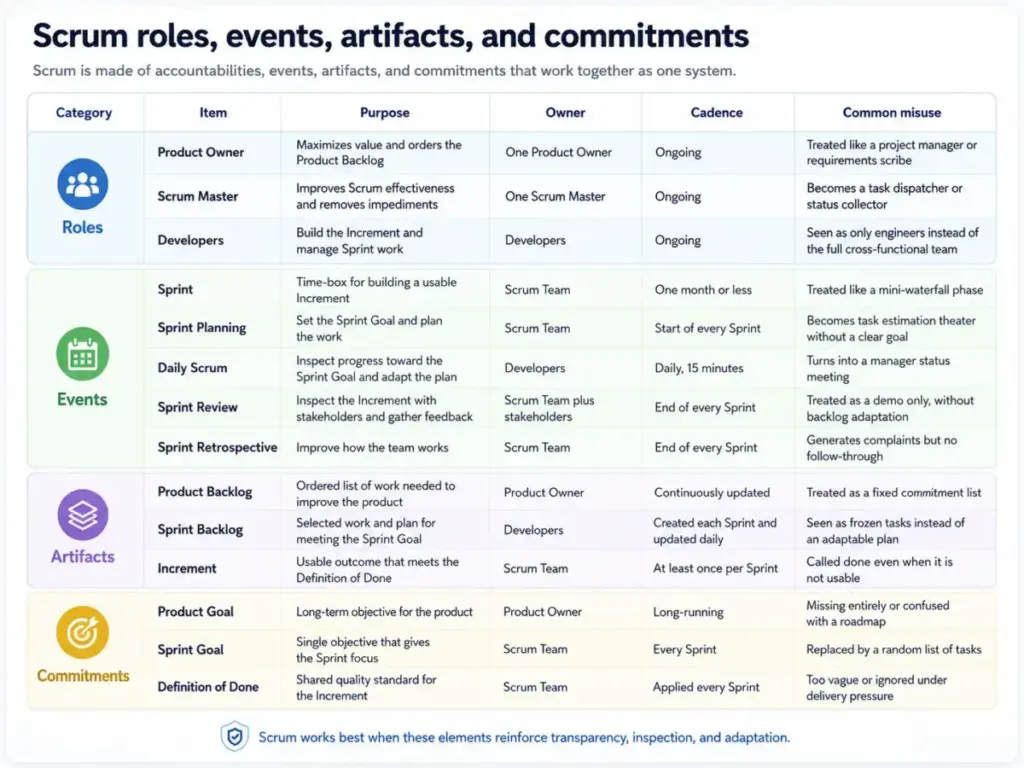 Scrum table mapping roles, events, artifacts, and commitments to purpose, owner, cadence, and common misuse.